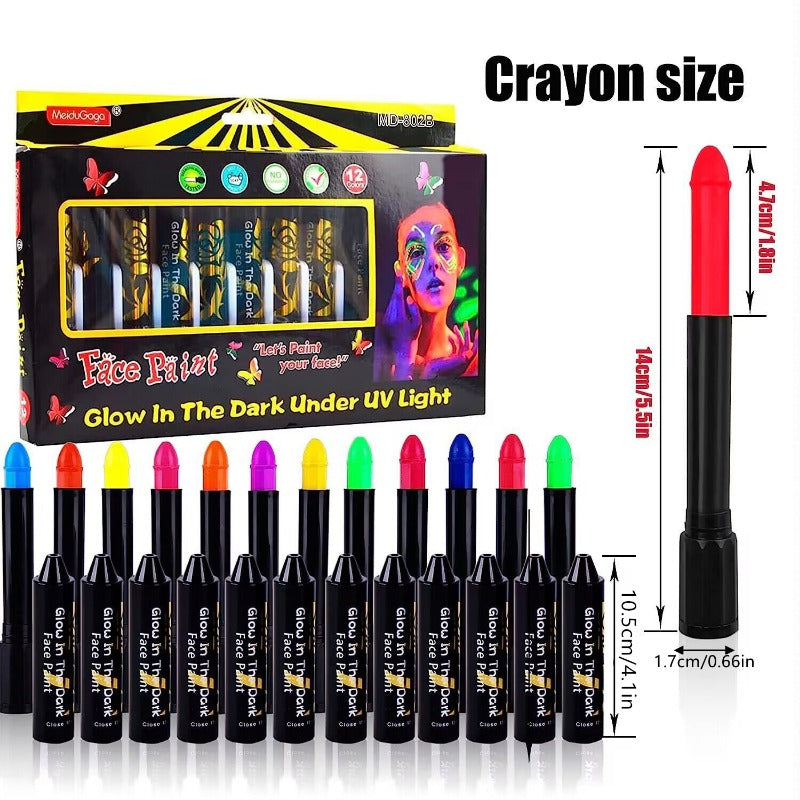 12 Pack Glow In The Dark Paint Face & Body Crayons