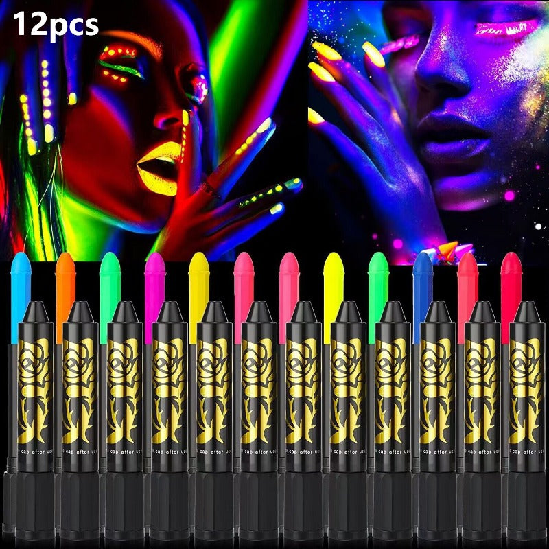12 Pack Glow In The Dark Paint Face & Body Crayons