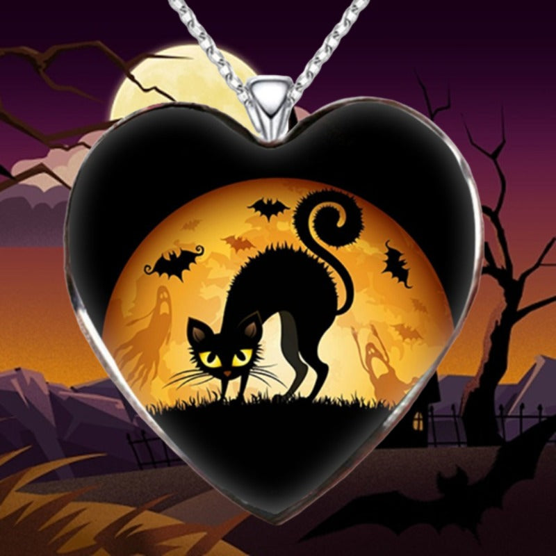 Halloween Cat Necklace Heart Shape for Friends