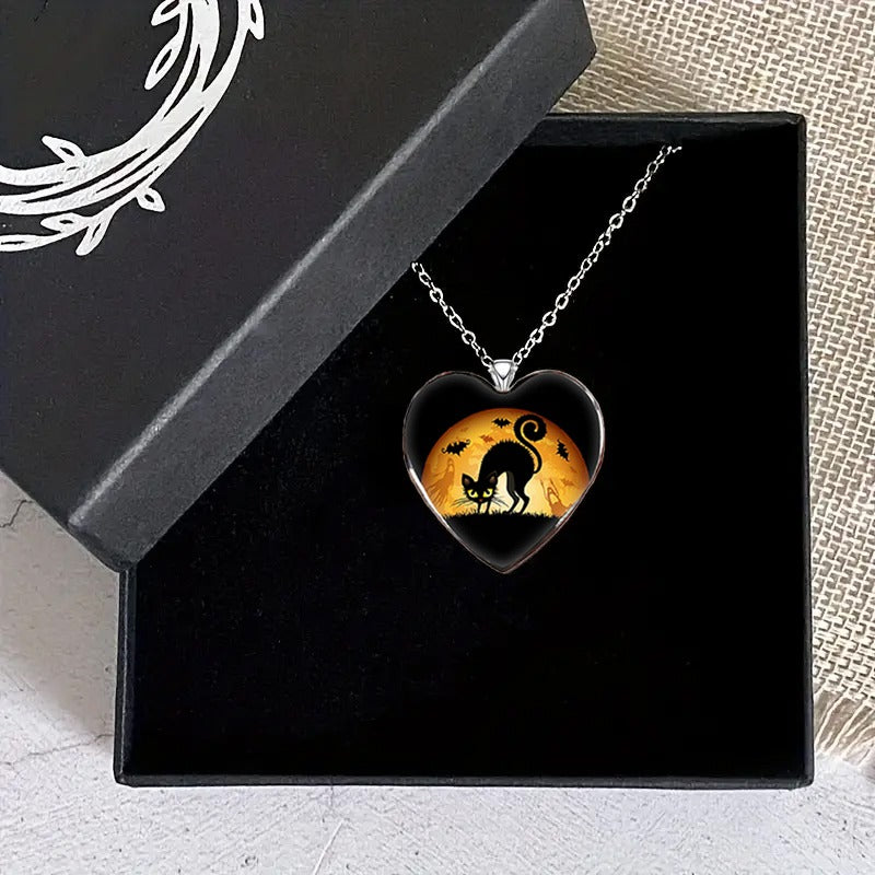 Halloween Cat Necklace Heart Shape for Friends