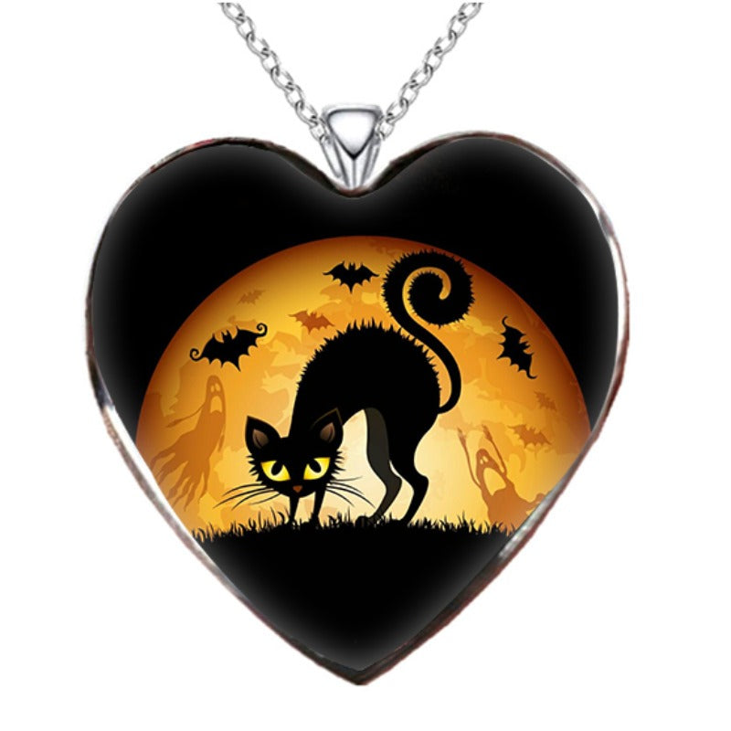 Halloween Cat Necklace Heart Shape for Friends