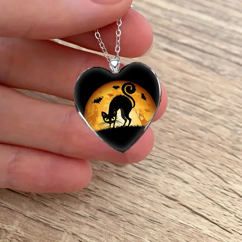 Halloween Cat Necklace Heart Shape for Friends