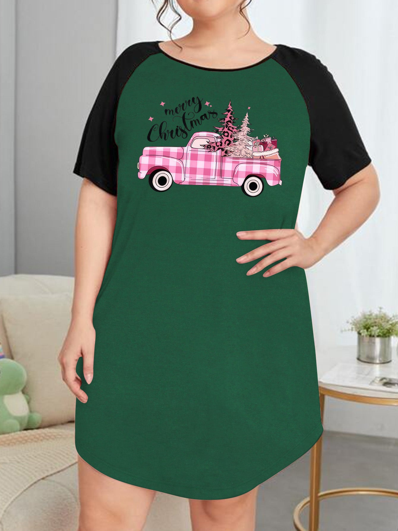 Christmas Nightdress Women's Plaid Cat & Christmas Tree