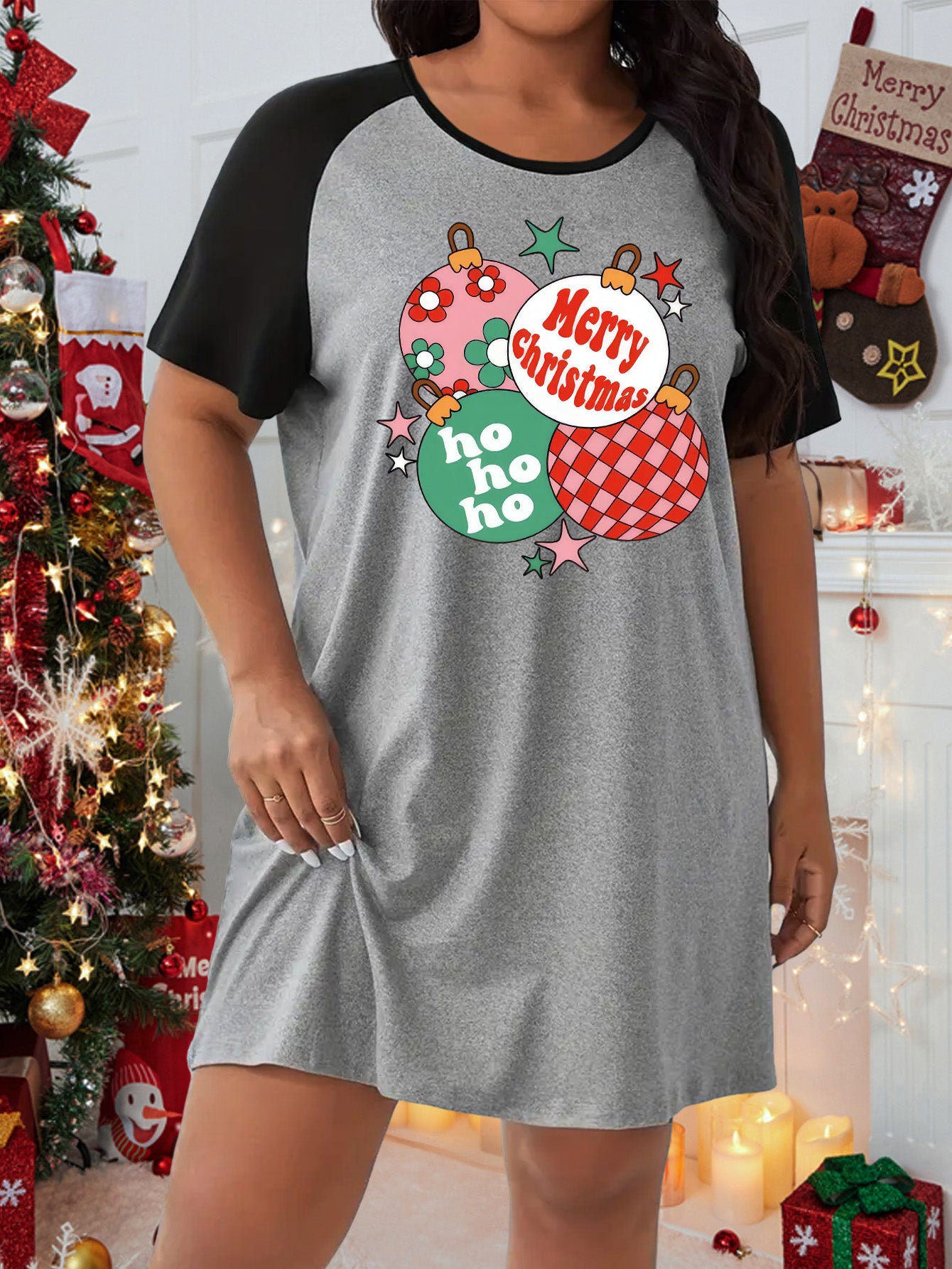 Floral & Letter Print Raglan Sleeve Tee Sleep Dress
