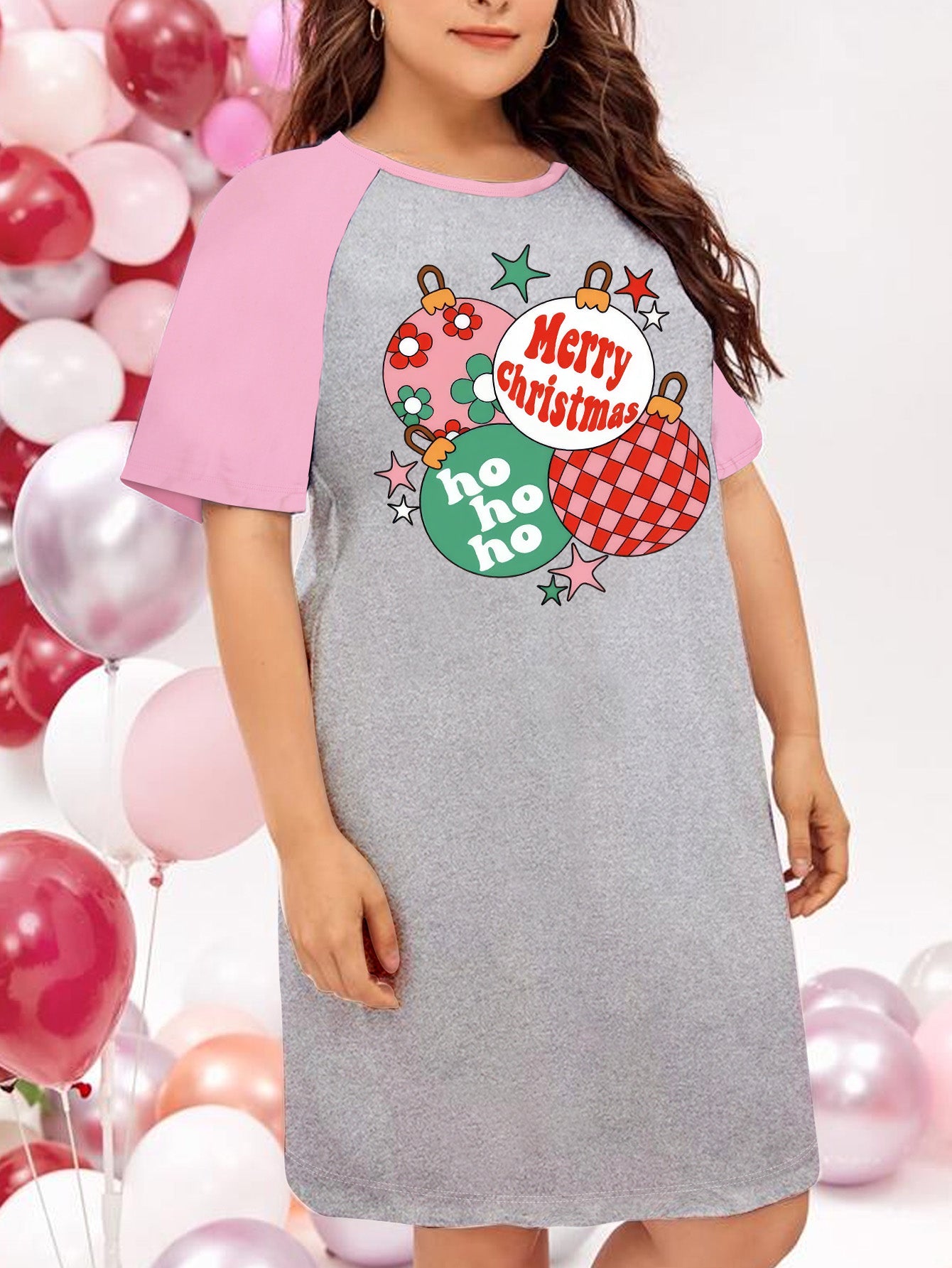 Floral & Letter Print Raglan Sleeve Tee Sleep Dress