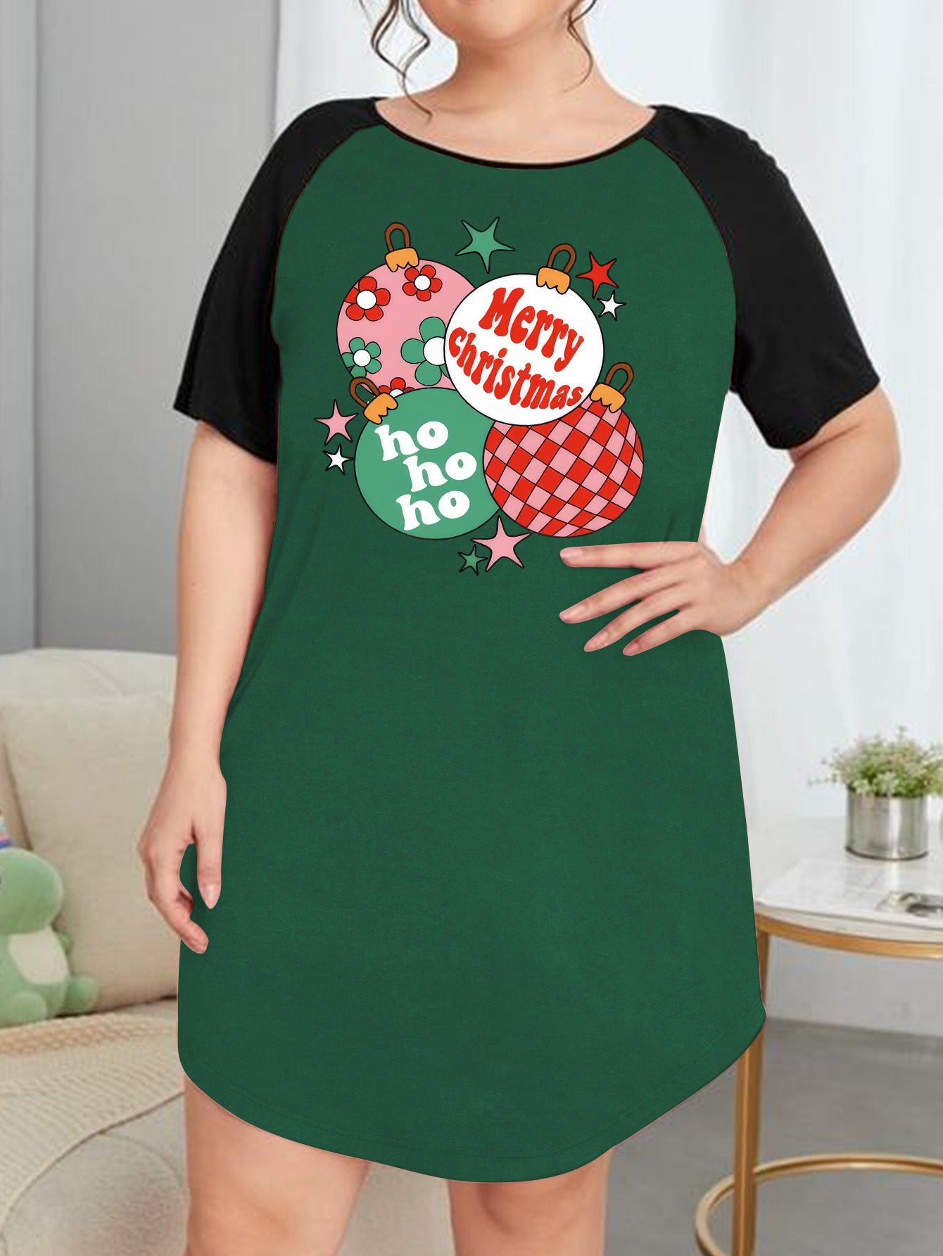 Floral & Letter Print Raglan Sleeve Tee Sleep Dress