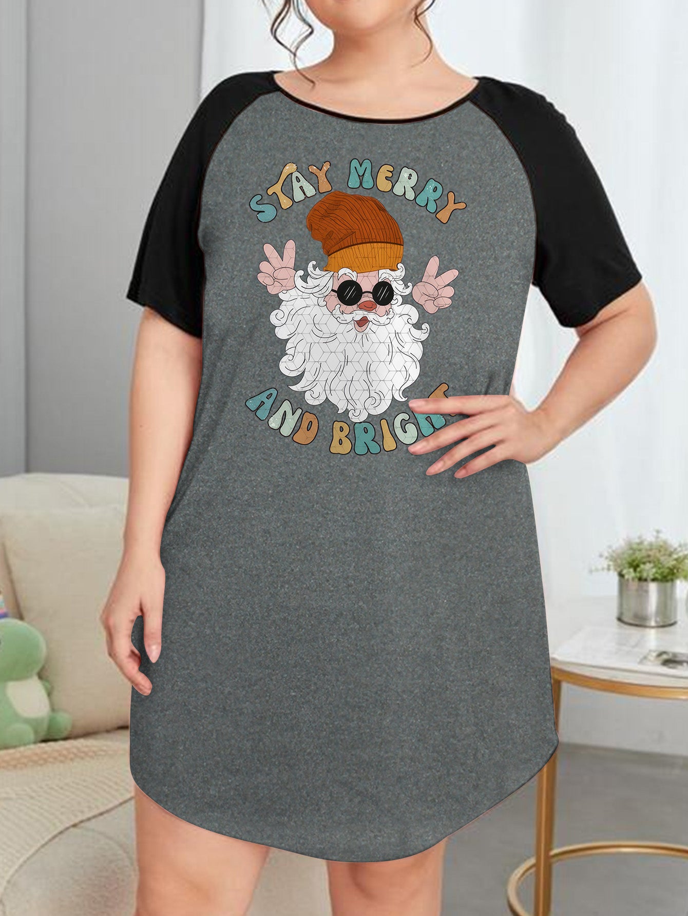 Women's Plus Size Santa Claus Print Nightdress Raglan Sleeve Tee Sleep Dress