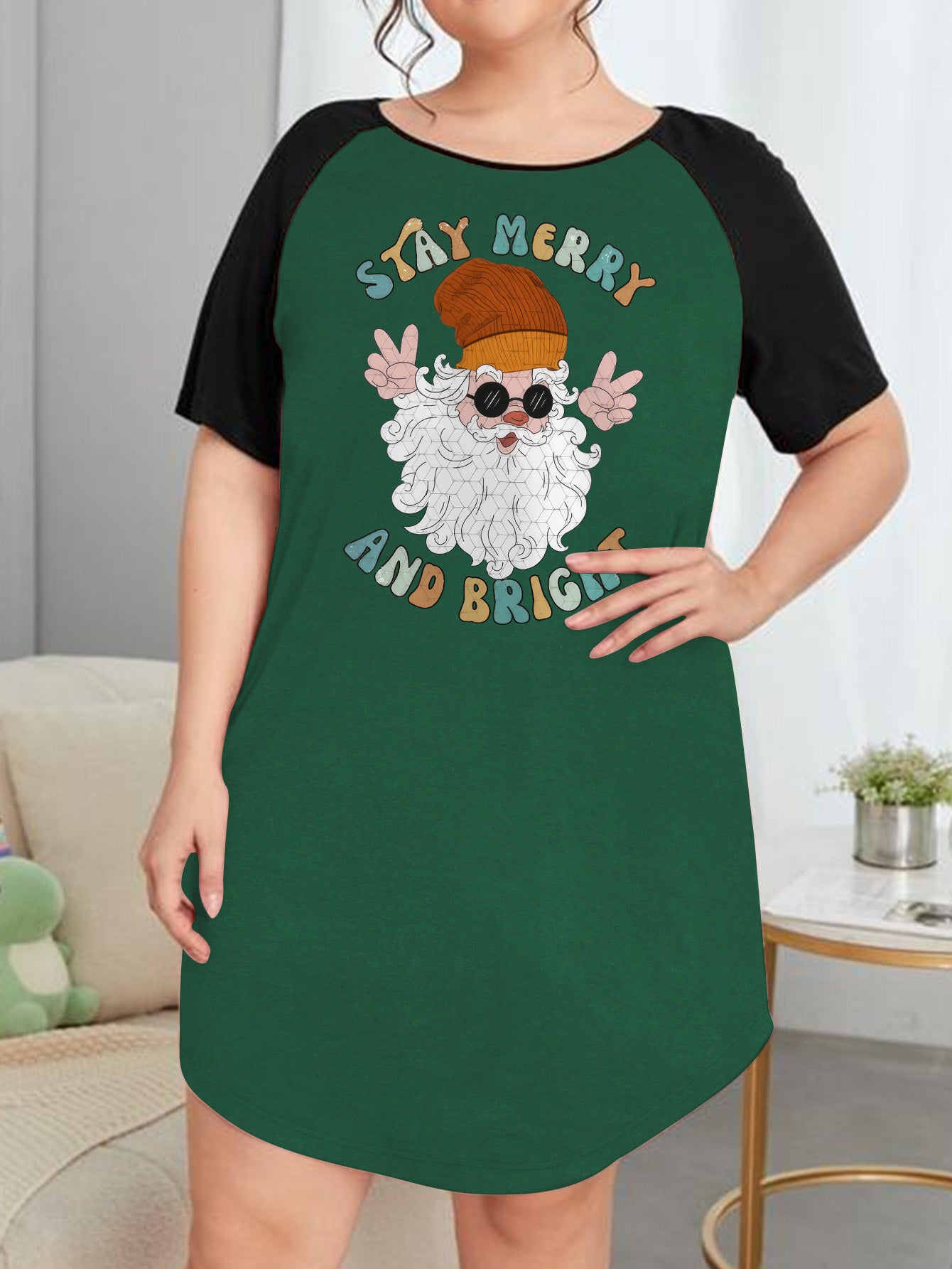 Women's Plus Size Santa Claus Print Nightdress Raglan Sleeve Tee Sleep Dress