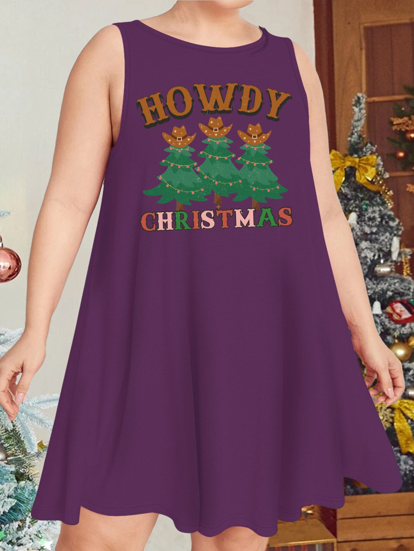 Christmas Tree Print Round Neck Tank Sleep Dress
