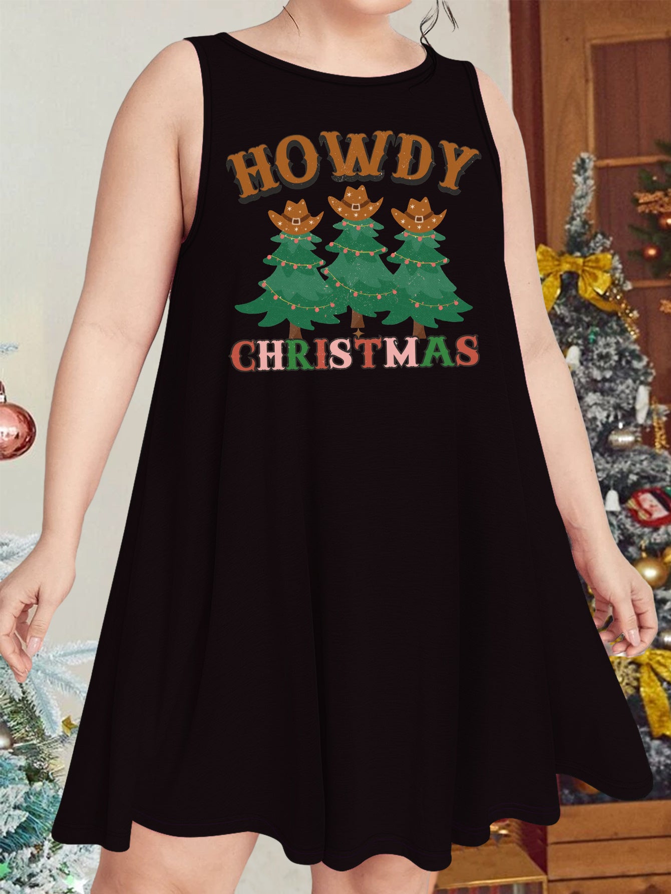 Christmas Tree Print Round Neck Tank Sleep Dress