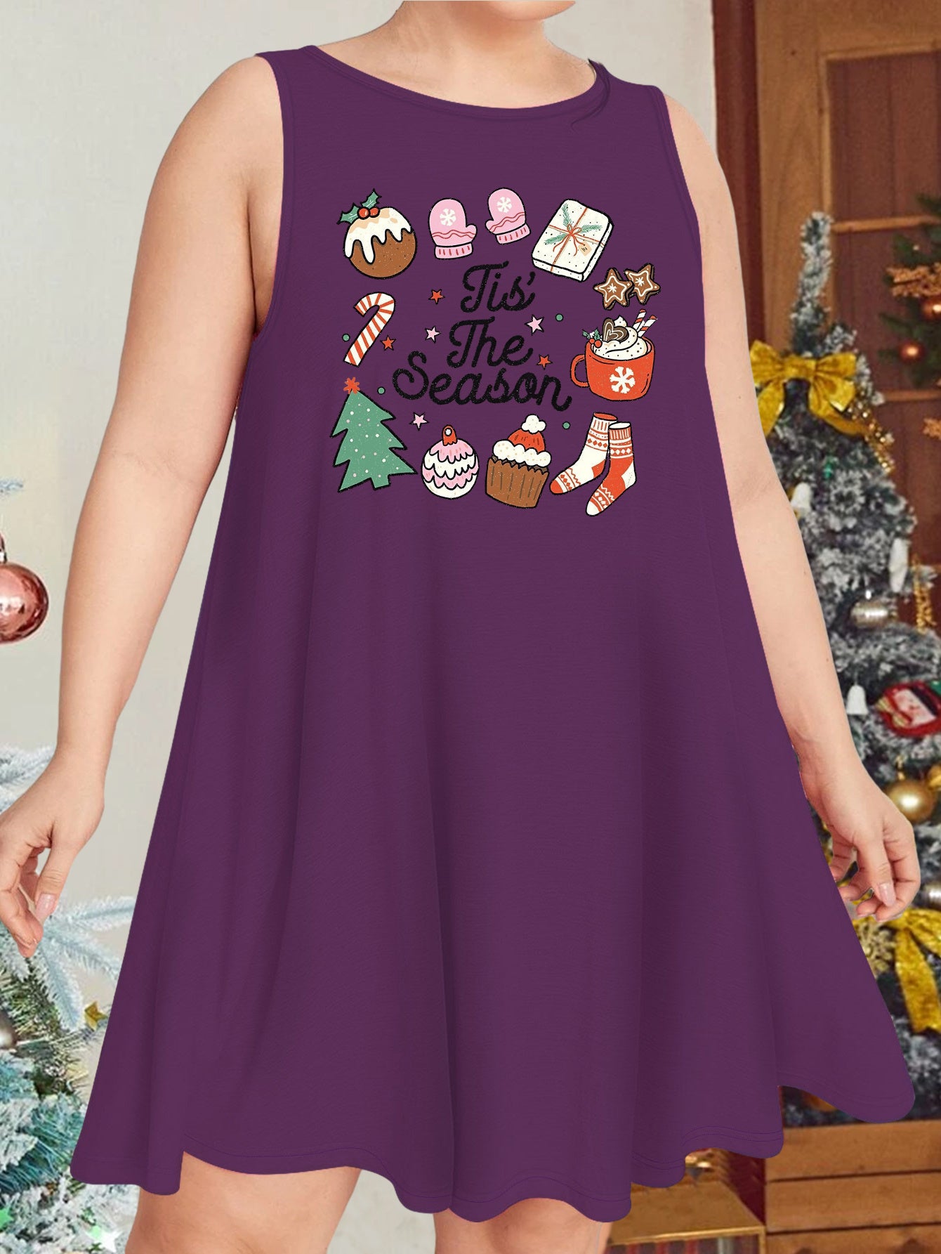 Christmas Nightdress Christmas Tree Print Round Neck Loose Tank Sleep