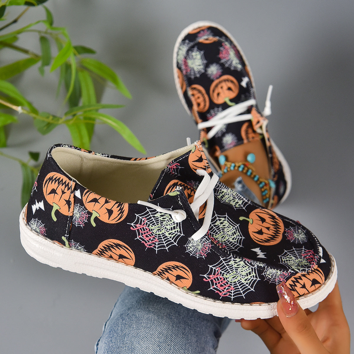 Women's Halloween Pumpkin & Spiderweb Canvas Shoes