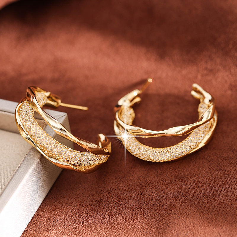 Hip Hop C Shaped Stud Earrings with Zircon Hoops