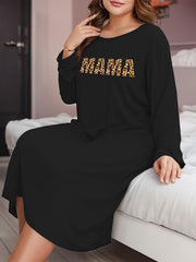 Leopard Letter Print Long Sleeve Tee Sleep Dress