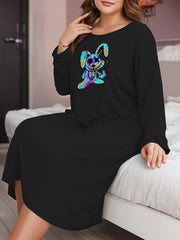 Gothic Lounge Dress Women's Plus Rabbit Print Long Sleeve Tee Dress