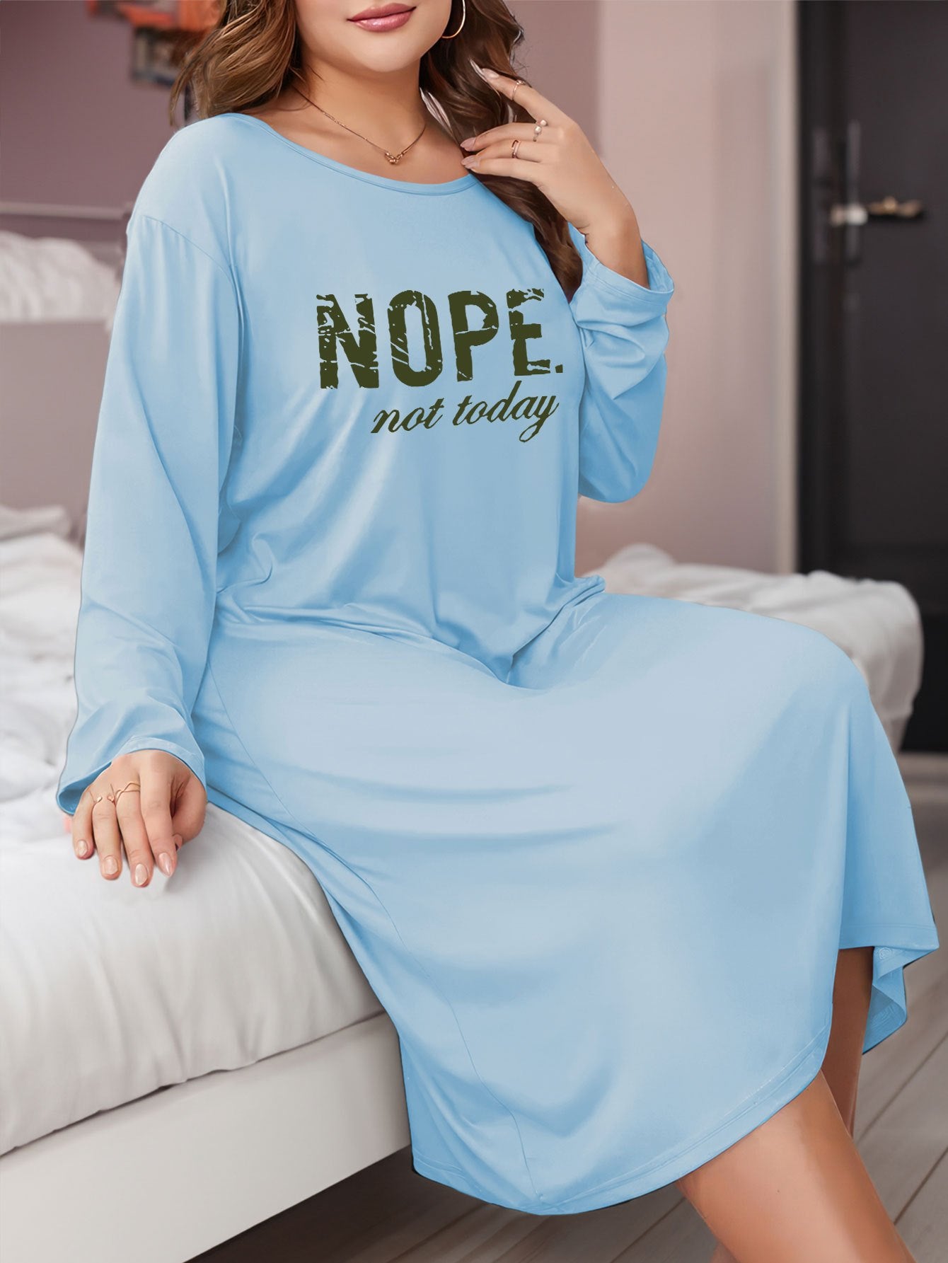Lounge Dress Women's Plus Slogan Print Long Sleeve Tee