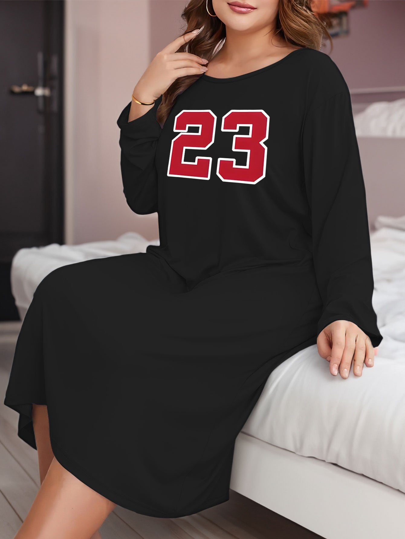 Long Sleeve Number Graphic Tee Dress