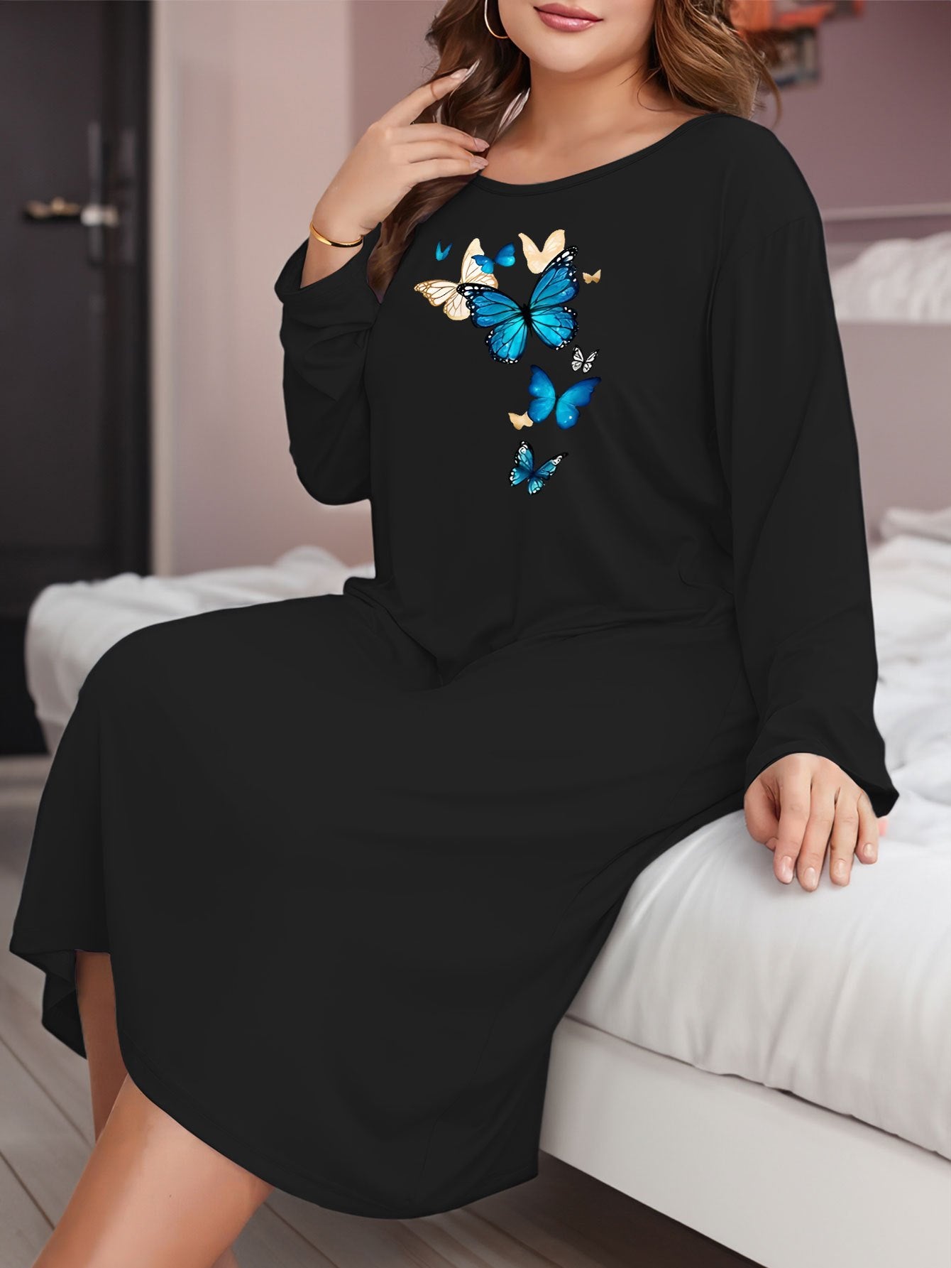Butterfly Print Long Sleeve Round Neck Tee Dress