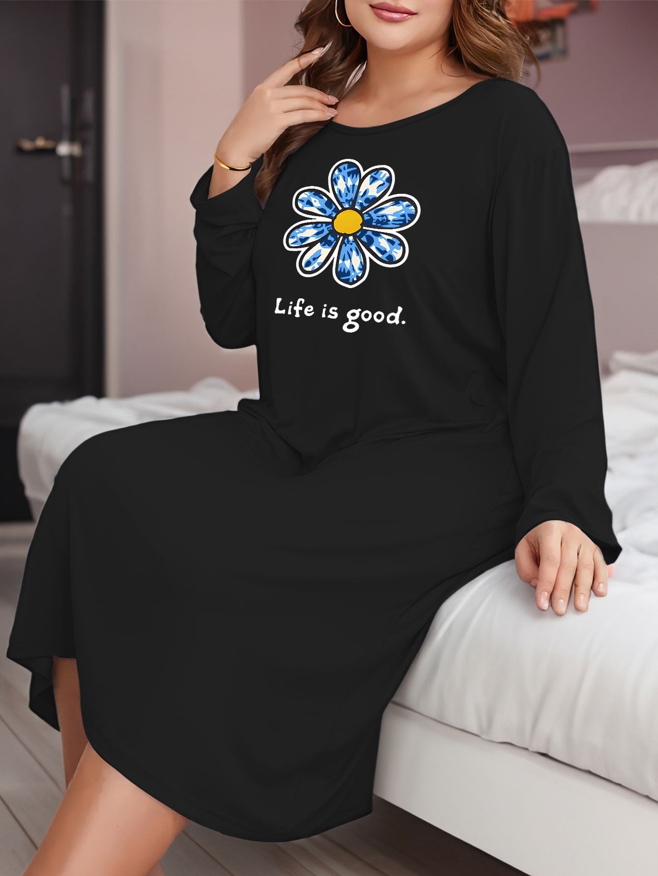 Floral & Slogan Print Long Sleeve Sleep Dress