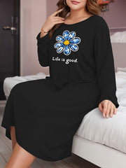 Floral & Slogan Print Long Sleeve Sleep Dress