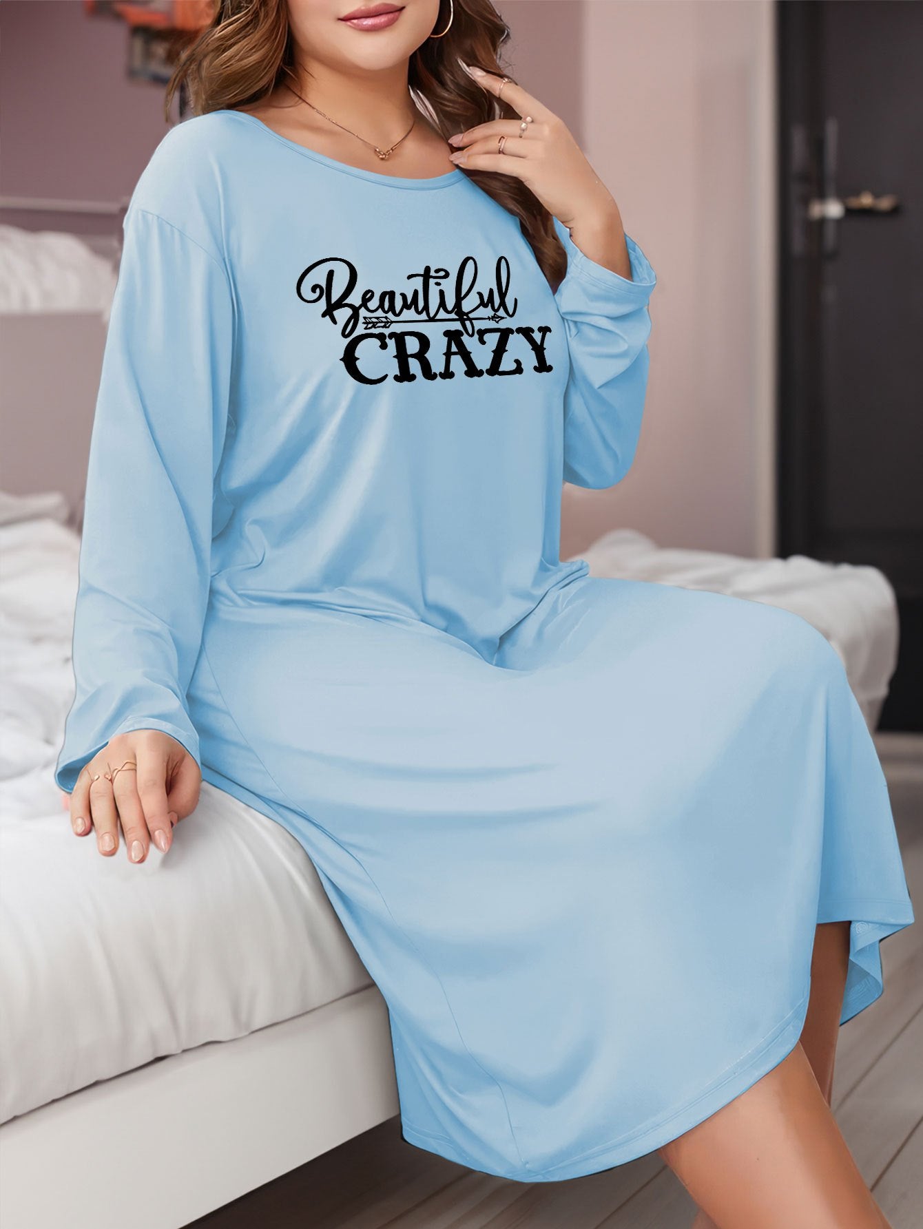 Art Letter Print Long Sleeve Round Neck Tee Sleep Dress
