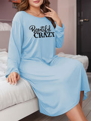 Art Letter Print Long Sleeve Round Neck Tee Sleep Dress