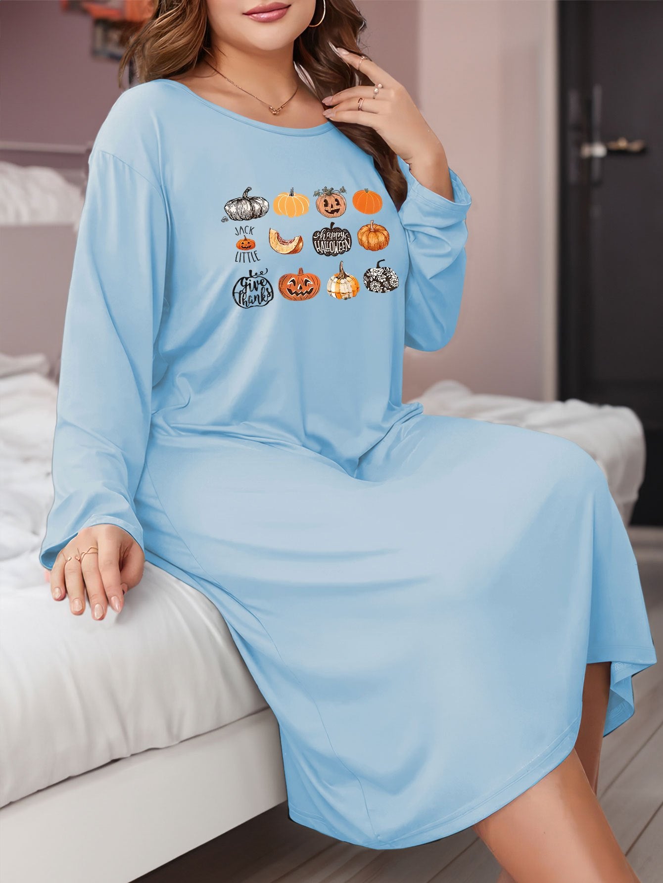 Thanksgiving Pumpkin Graphic Long Sleeve Tee Dress