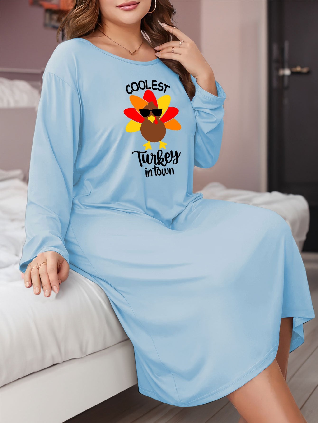 Letter & Turkey Print Long Sleeve Sleep Dress