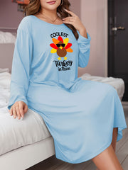 Letter & Turkey Print Long Sleeve Sleep Dress