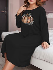 Women's Plus Size Pumpkin Print Long Sleeve Sleep Dress
