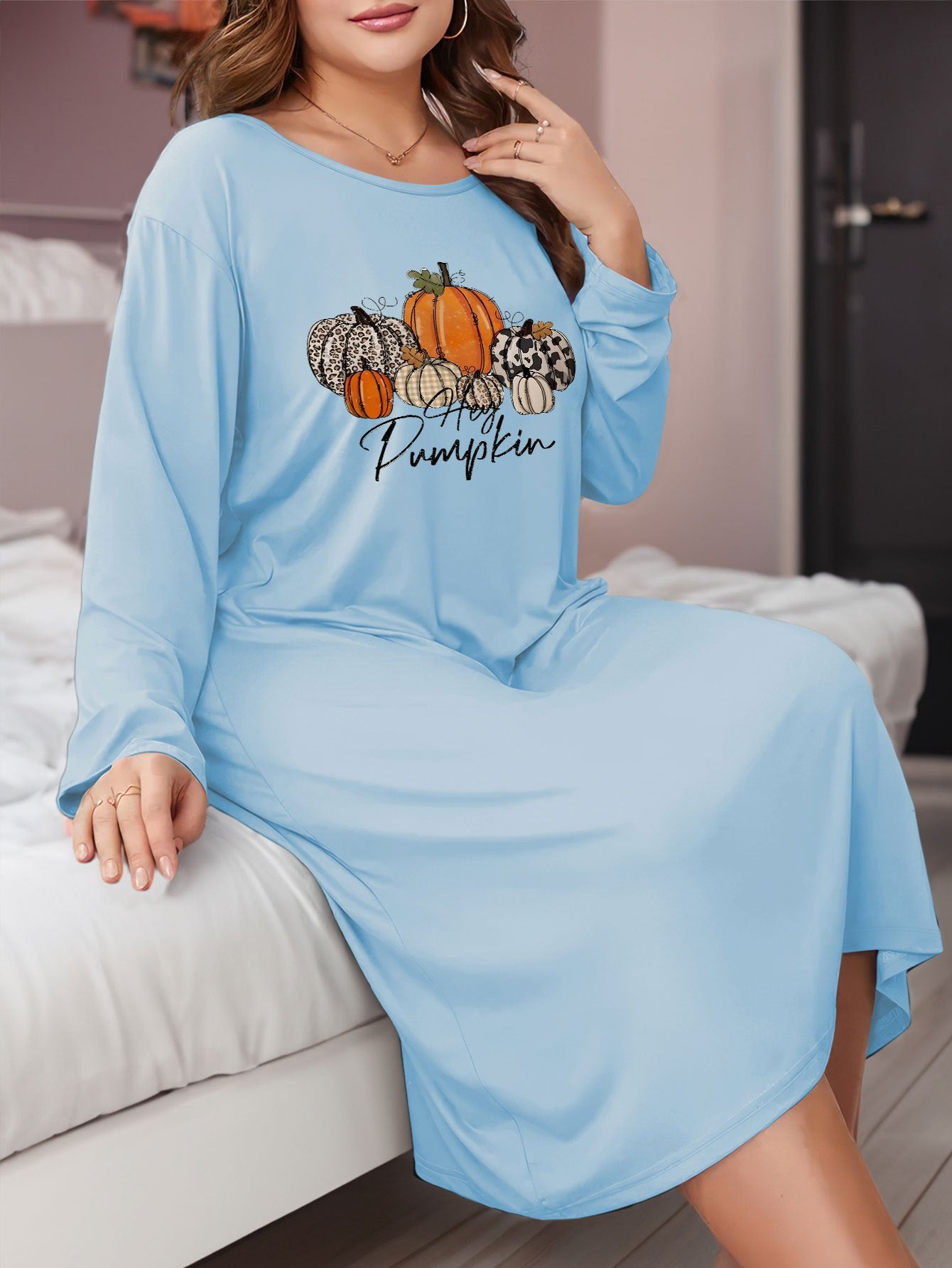 Pumpkin & Letter Print Long Sleeve Tee Dress