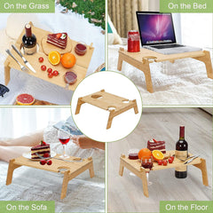 Wooden Outdoor Camping Picnic Table Grass Bed Sofa Floor Cup Slot