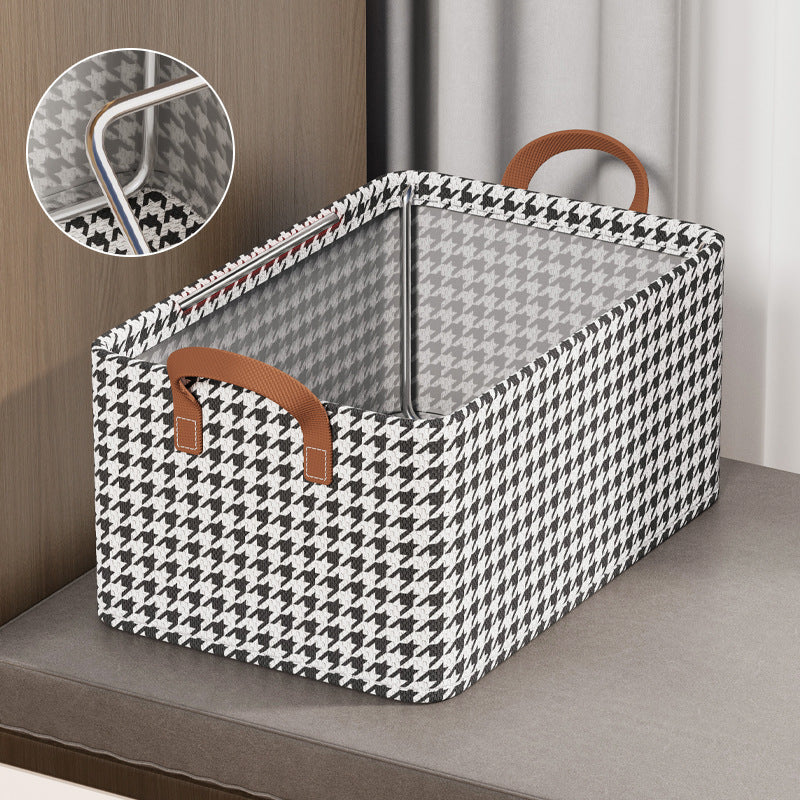 Houndstooth Clothes Storage Basket With Handles Steel Frame Durable Reusable Box