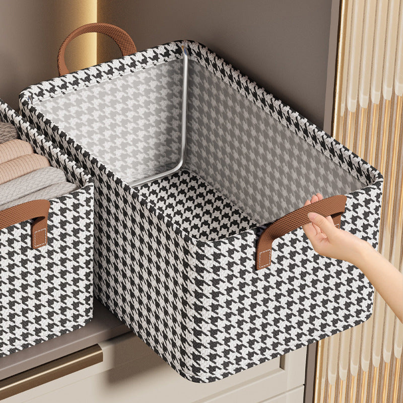 Houndstooth Clothes Storage Basket With Handles Steel Frame Durable Reusable Box