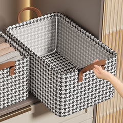 Houndstooth Clothes Storage Basket With Handles Steel Frame Durable Reusable Box