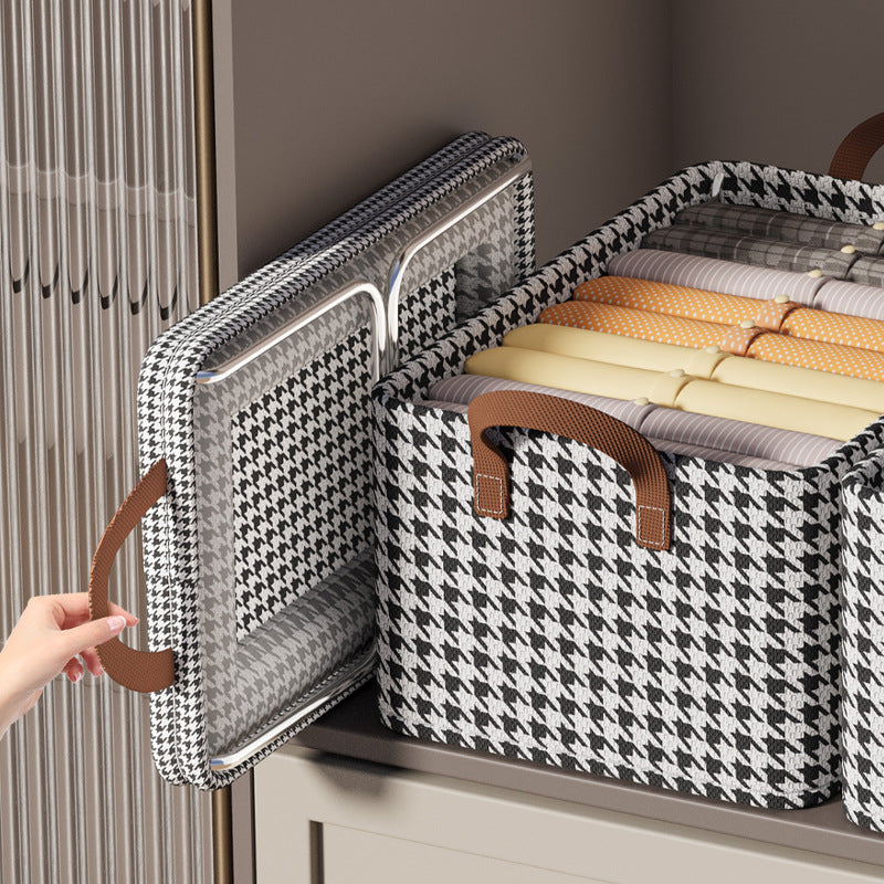 Houndstooth Clothes Storage Basket With Handles Steel Frame Durable Reusable Box