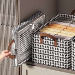 Houndstooth Clothes Storage Basket With Handles Steel Frame Durable Reusable Box