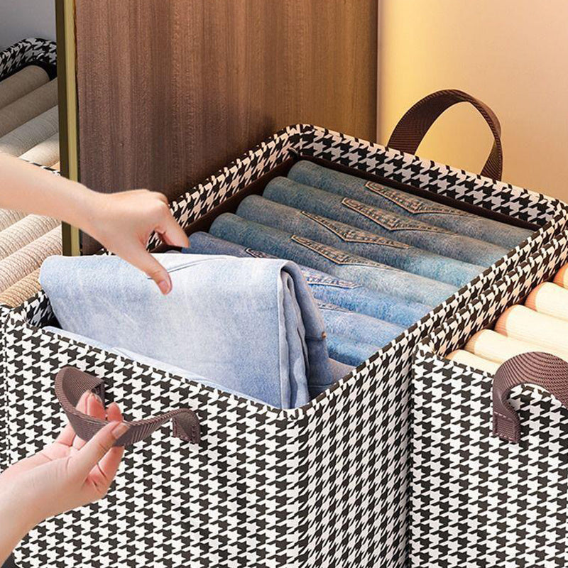 Houndstooth Clothes Storage Basket With Handles Steel Frame Durable Reusable Box