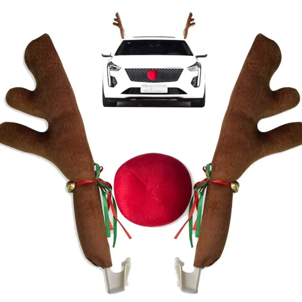 Car Christmas Reindeer Antlers & Nose Decorations with Jingle Bells