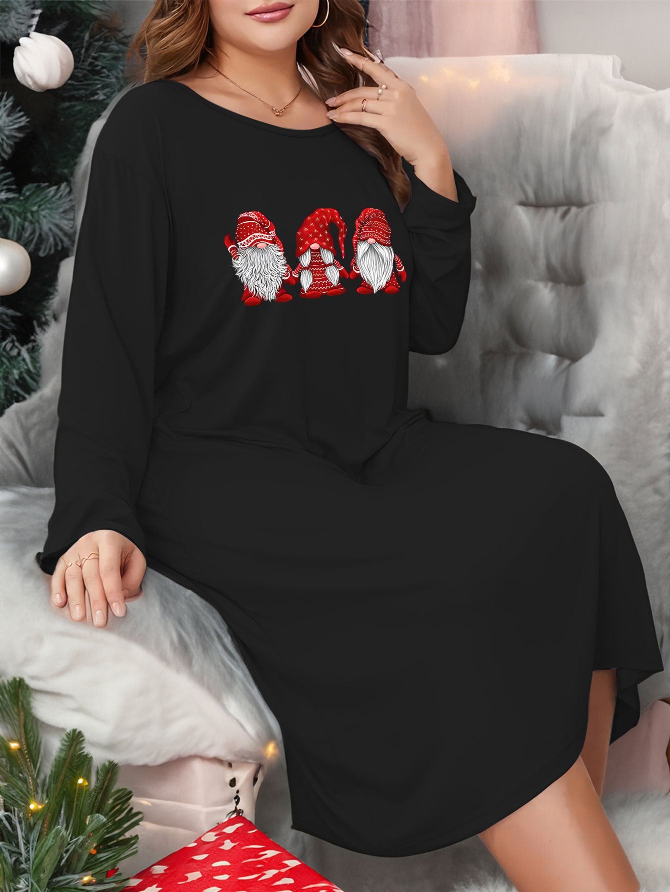 Christmas Lounge Dress - Women's Dwarf Print Long Sleeve Tee Sleep Dre