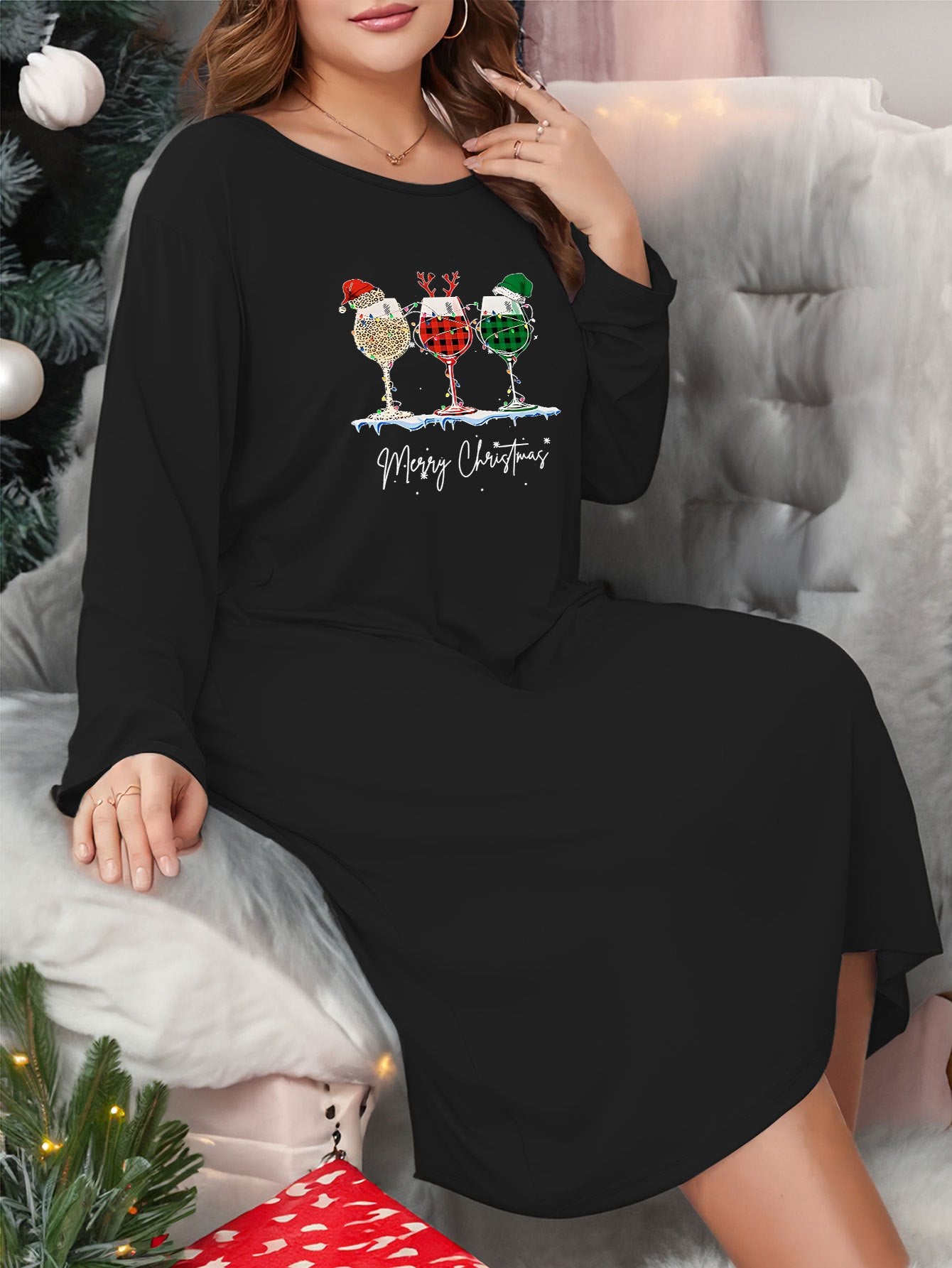 Wine Glasses Print Tee Sleep Dress