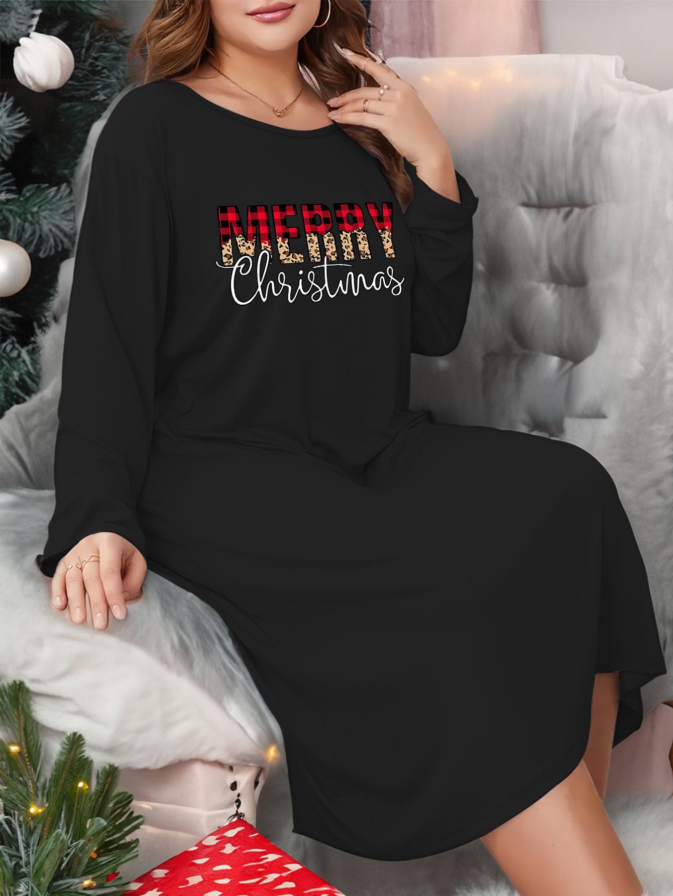 Christmas Casual Loungewear Dress Women's Plus Slogan Print