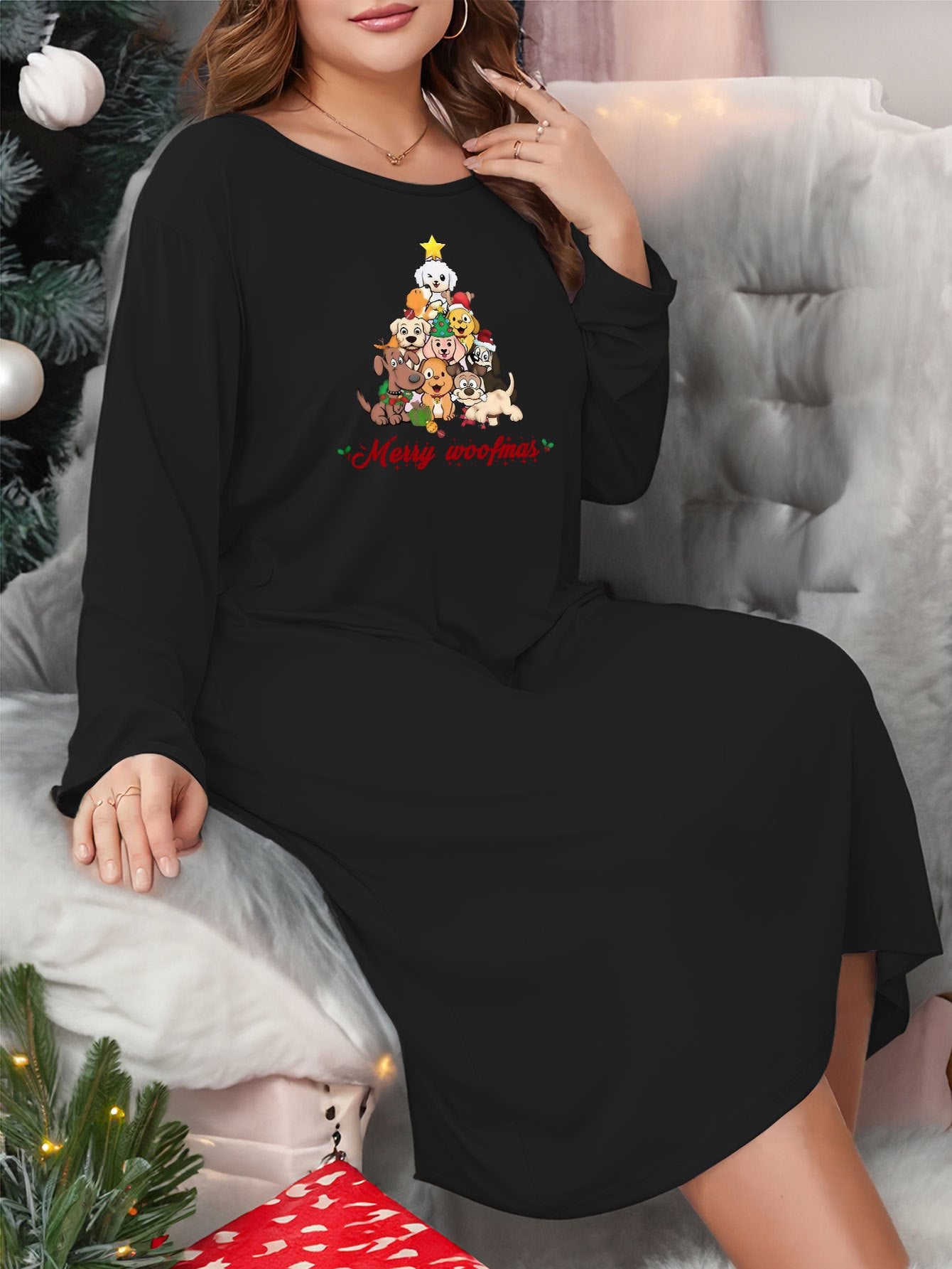 Christmas Lounge Dress Women's Plus Puppies & Christmas Tree