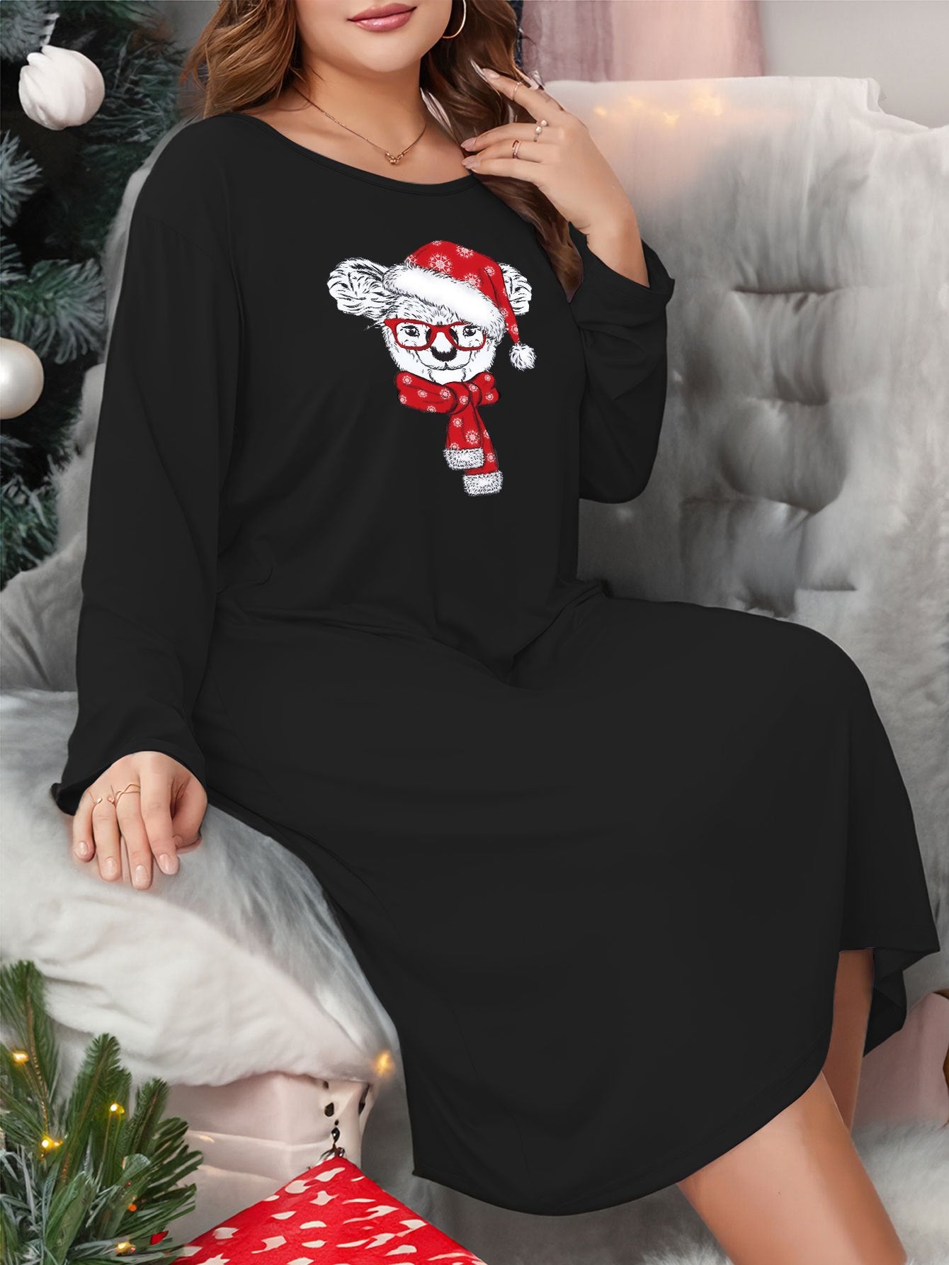 Christmas Koala Print Long Sleeve Tee Dress