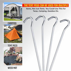 4pcs Galvanised Metal Tent Pegs 6mm X 7 Inch Heavy Duty Camping Ground Pegs