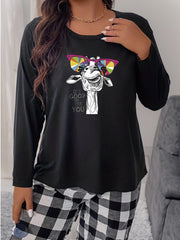 Cartoon Giraffe Print Long Sleeve Pajama Top