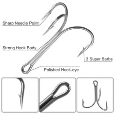 10pcs 4X Strong Fishing Hooks High Carbon Steel Treble Hook Barbed Salt