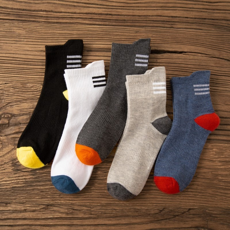 5 Pairs Striped Crew Sports Socks Sweat Absorbent