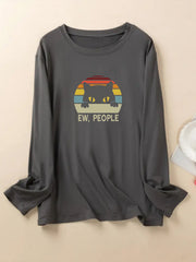 Cat & Letter Print Long Sleeve Home Wear Tee
