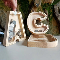 Wooden Piggy Bank Coin Jar DIY Storage Jar Alphabet Coin Bank